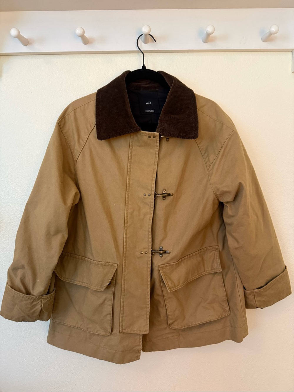 Mango Women's Tan Barn Canvas Jacket with Brown Corduroy Collar and Gold Toggle